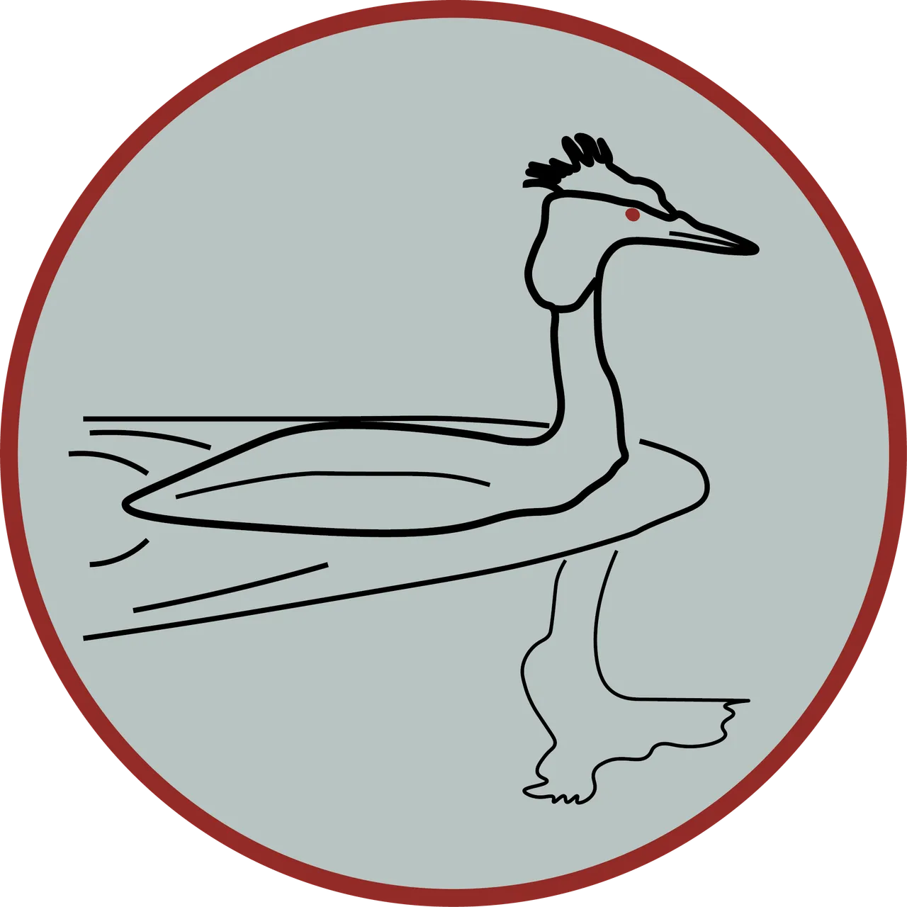 The Grebe logo: a drawing of a great crested grebe in a circle