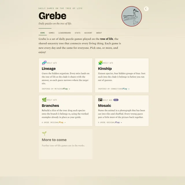 Grebe home page with cards for the daily games Lineage, Kinship, Branches and Mosaic and the grebe logo
