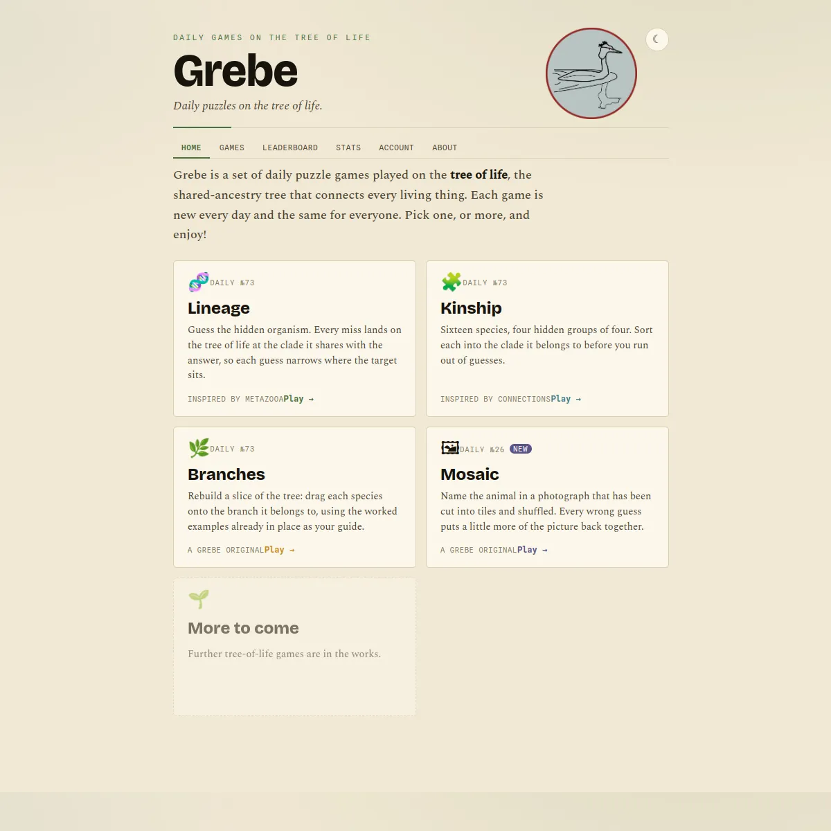 Grebe home page with cards for the daily games Lineage, Kinship, Branches and Mosaic and the grebe logo