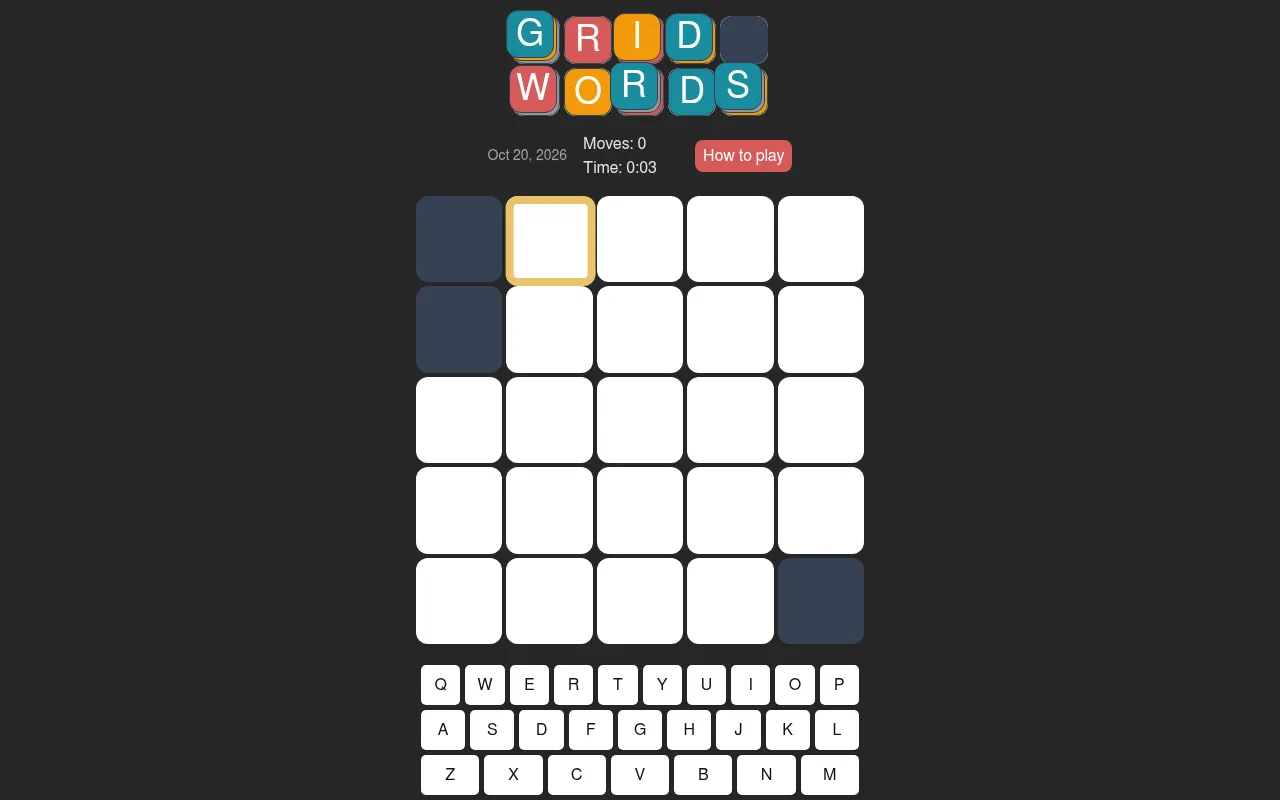 Today's empty Grid Words board for 20 October 2026: a 5x5 grid with three blocked corner squares, the moves and time counters and the on-screen keyboard