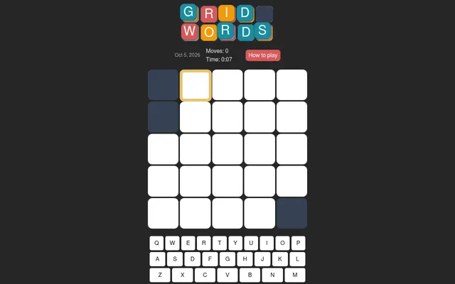 The Grid Words board for 5 October 2026: an empty 5x5 grid with three blocked corner squares, the move counter and timer, and the on-screen keyboard