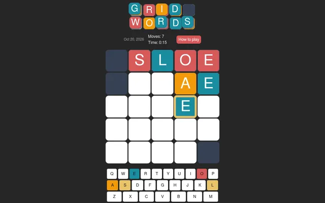 The Grid Words board for 20 October 2026 in play: placed letters in teal, orange and red on a 5x5 grid with blocked corners, the move counter, timer and coloured keyboard