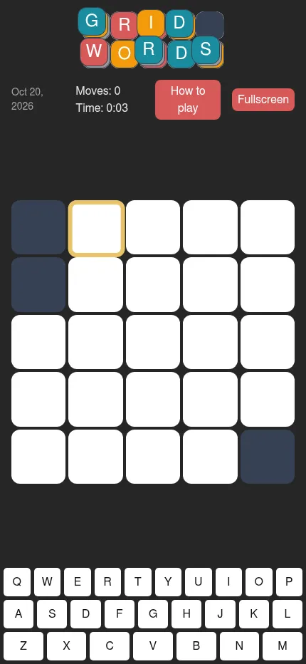 Grid Words at phone size on 20 October 2026: the 5x5 board fills the width with the keyboard at the bottom and a Fullscreen button