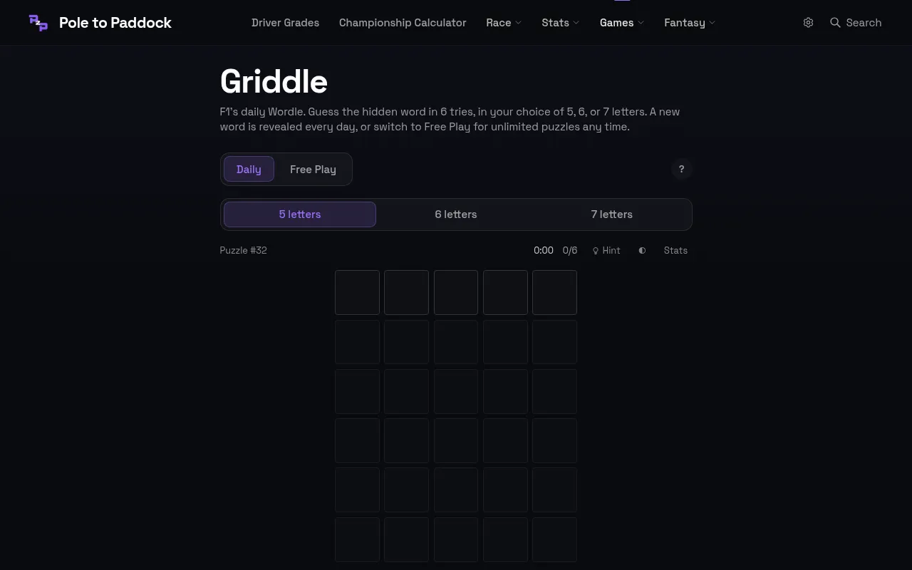 An empty Griddle daily board, puzzle 32, with Daily and Free Play modes and the 5, 6 and 7-letter choices