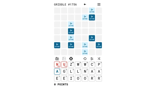 Griddle #1756 for 22 October 2026: a 7x7 board of double and triple letter squares above a rack of 21 scored letter tiles, red bonus tiles N and U among them