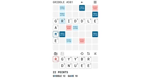A Griddle board with the word GRIDDLE across and GAME down, bonus squares and a rack of letter tiles below