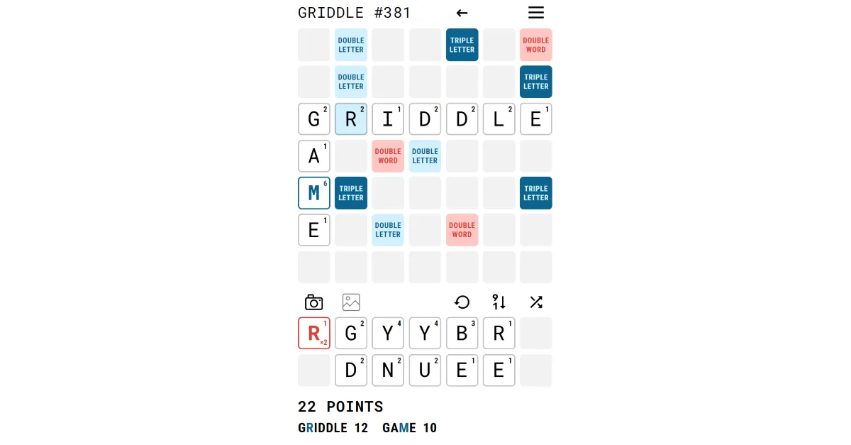A Griddle board with the word GRIDDLE across and GAME down, bonus squares and a rack of letter tiles below