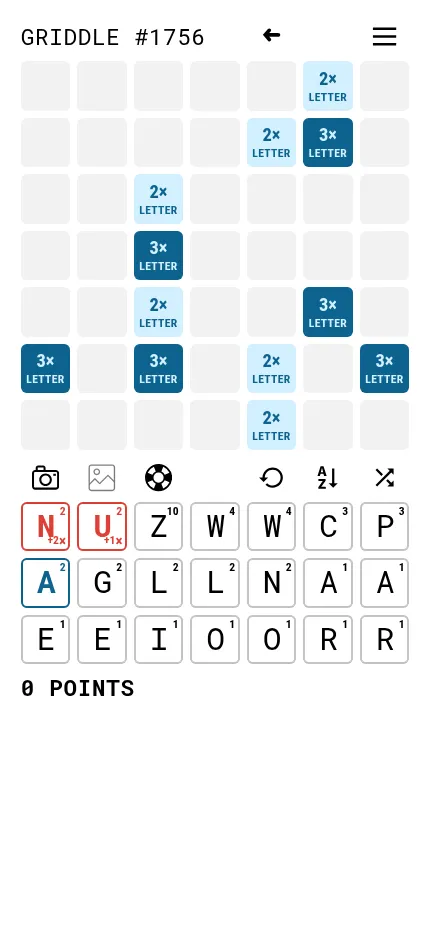 Griddle #1756 at phone size: the 7x7 bonus-square board, the tool buttons and three rows of letter tiles fit the screen