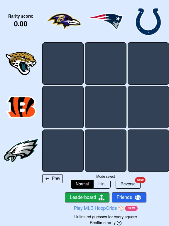 Today's Gridiron Grids board: Ravens, Patriots and Colts logos across the top, Jaguars, Bengals and Eagles down the side, nine empty squares, a rarity score of 0.00 and Normal, Hint and Reverse mode b