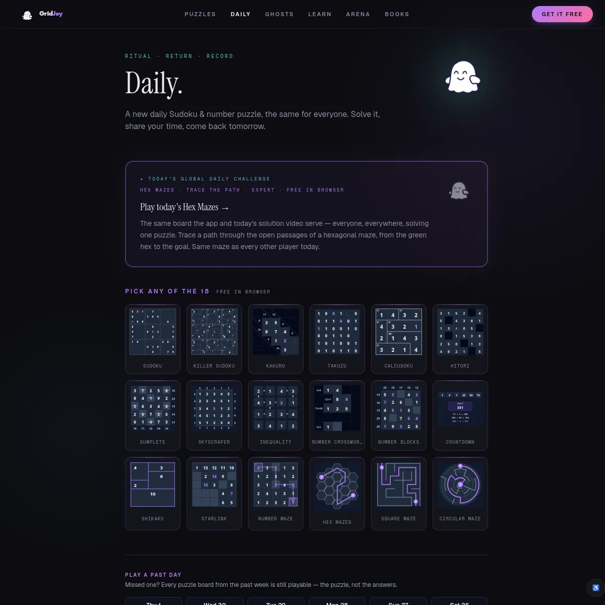 GridJoy Daily page with today's Global Daily Challenge and a grid of 18 puzzle types