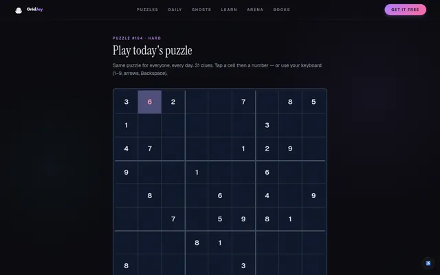 Today's GridJoy daily Sudoku, puzzle #164 (hard), on desktop: a 9x9 grid of clues with one digit entered in the top row