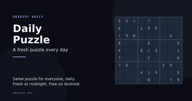 GridJoy Daily card: Daily Puzzle, a fresh puzzle every day, beside a sudoku grid