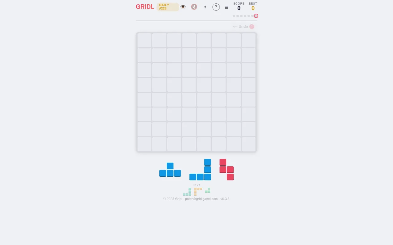 Gridl Daily #226: an empty 8x8 grid with the first three block pieces below it and the next pieces previewed