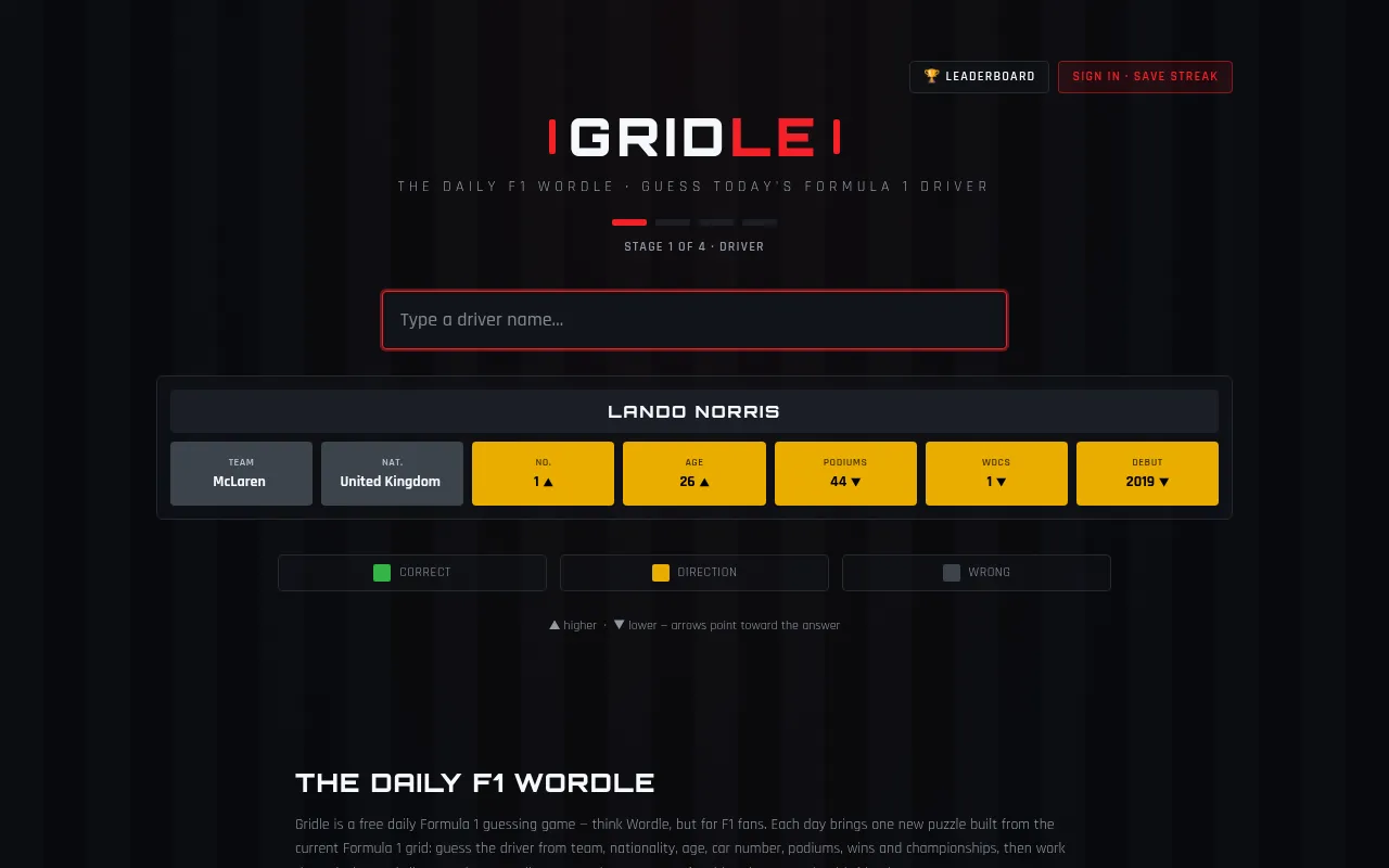 Gridle's driver stage on 21 October 2026 after one guess: Lando Norris's row of team, nationality, number, age, podiums, titles and debut tiles, with yellow higher or lower arrows