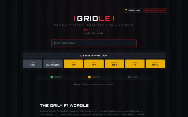 Gridle's driver stage after one guess: Lewis Hamilton's row with team, nationality, number, age, podiums, titles and debut tiles, yellow ones with higher or lower arrows