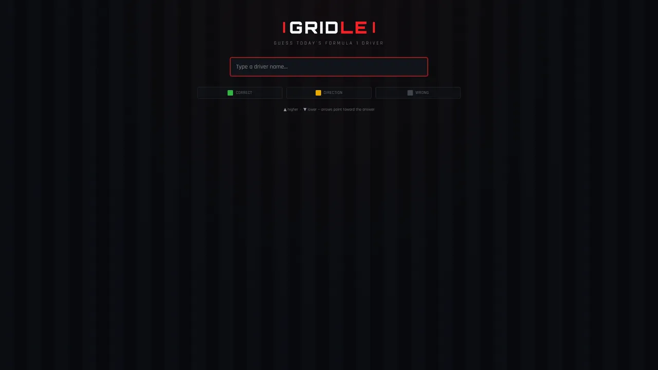 Gridle's start screen: the Gridle title, a box to type a driver name and the correct, direction and wrong colour key