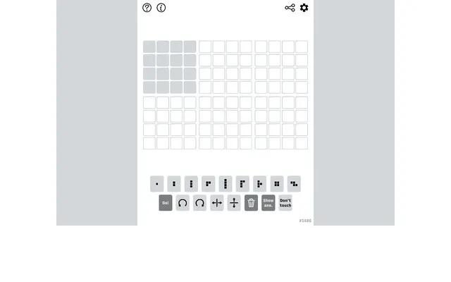 Gridle puzzle #1686: six empty 4x4 guess grids above the row of polyomino pieces and the Go, rotate, flip and Show answer buttons