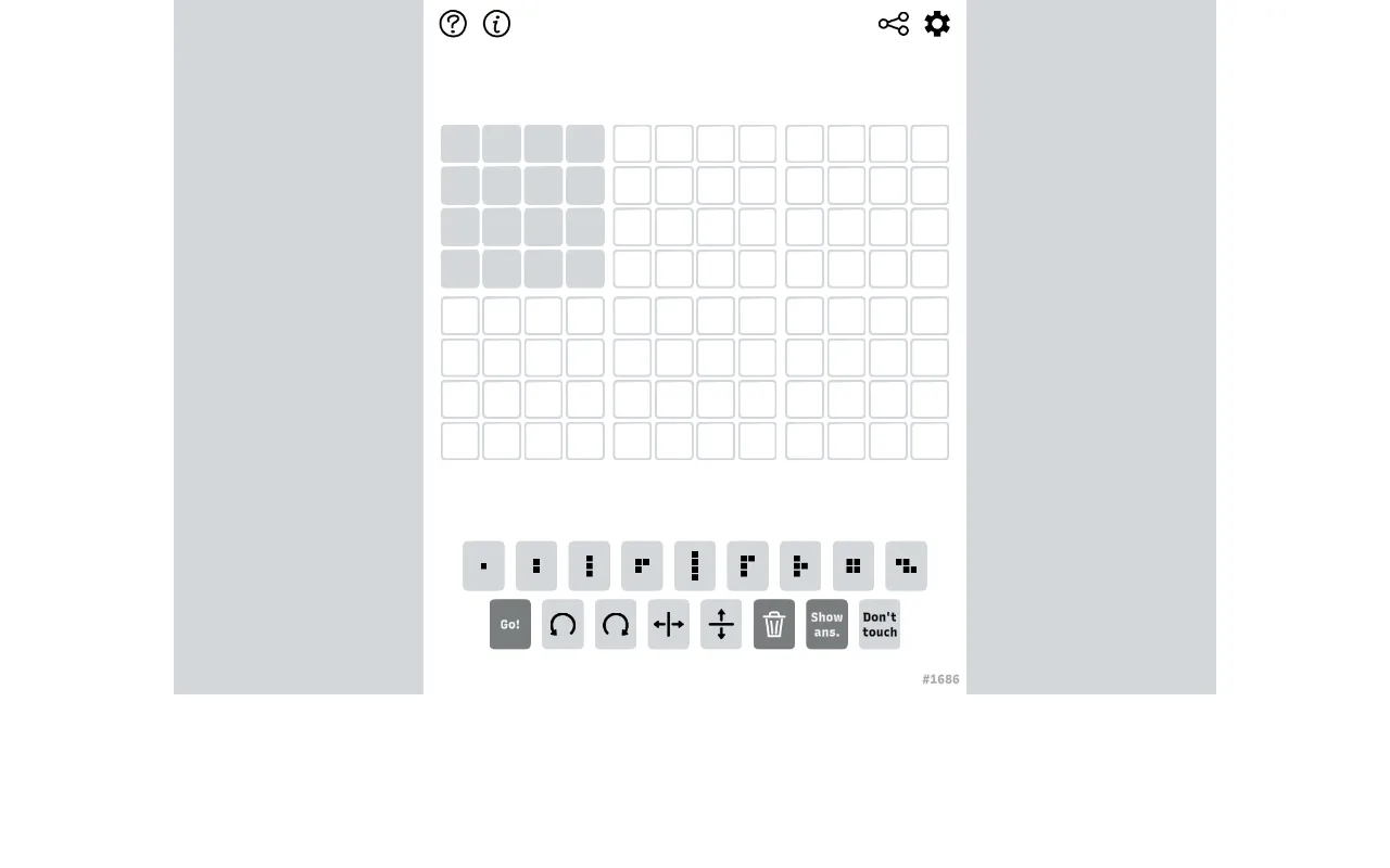 Gridle puzzle #1686: six empty 4x4 guess grids above the row of polyomino pieces and the Go, rotate, flip and Show answer buttons