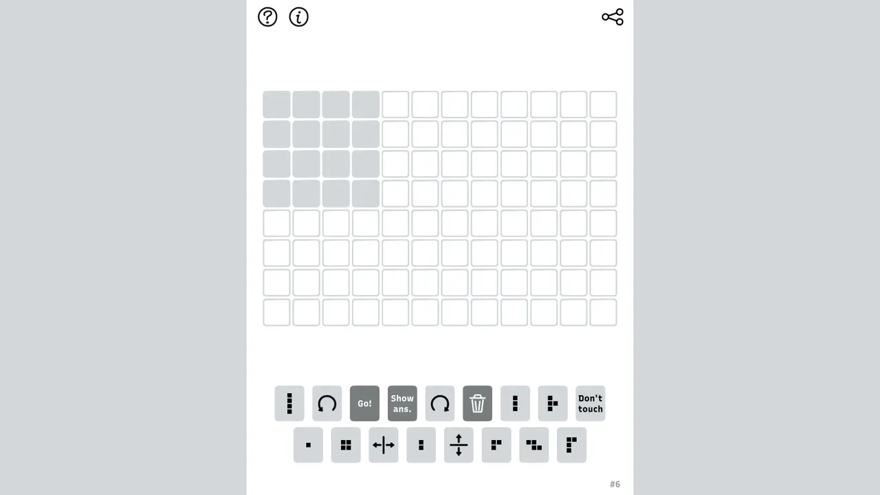 Gridle board: rows of 4x4 guess grids, with buttons for polyomino pieces, rotate, flip, Go and Show answer