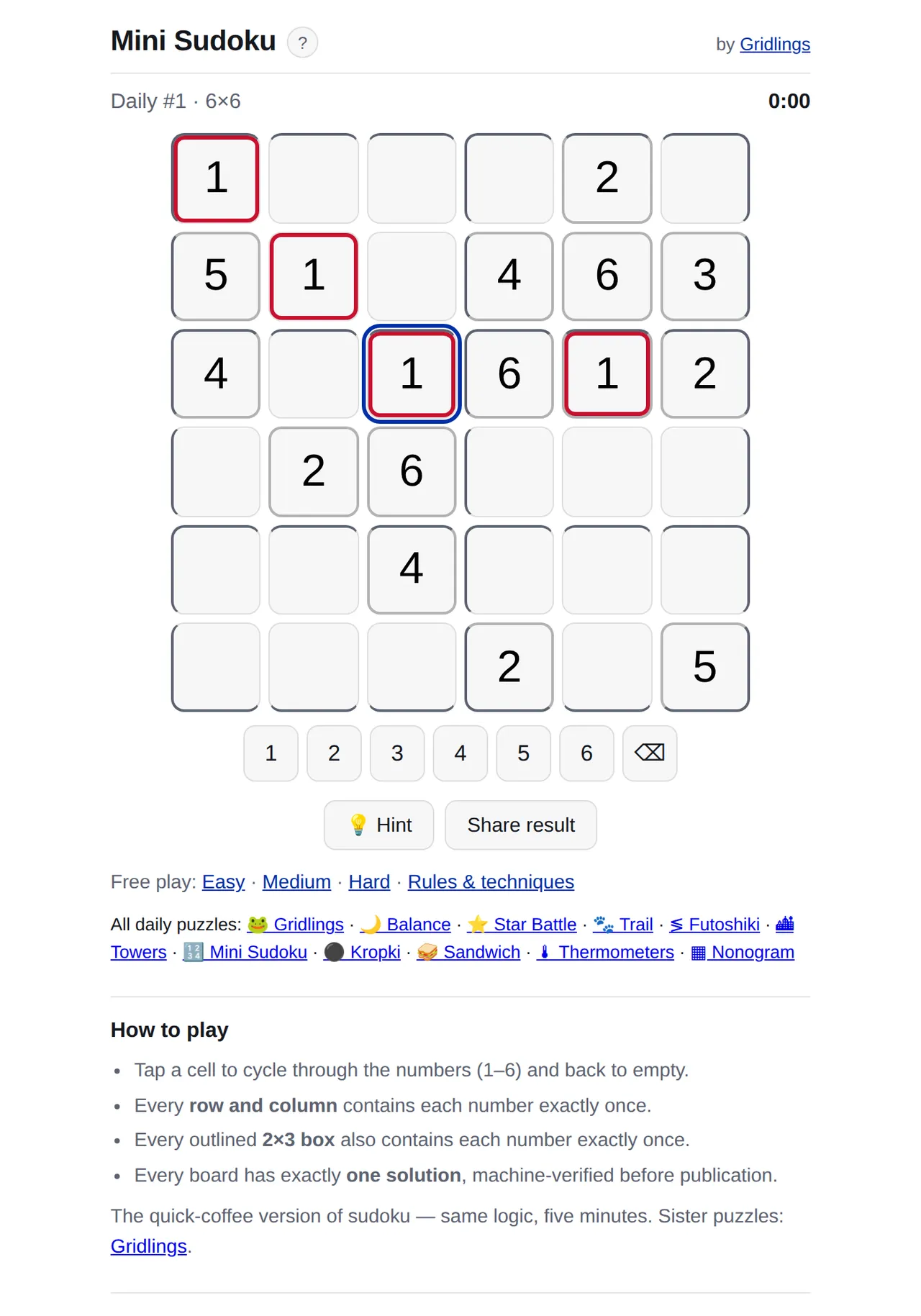 Gridlings Mini Sudoku Daily #1, a 6x6 grid with clashing 1s outlined in red and a number pad below