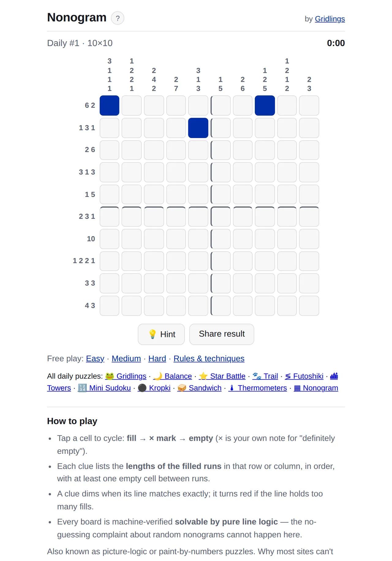 Gridlings Nonogram Daily #1, a 10x10 grid with row and column clues and three cells filled, with Hint and Share result buttons