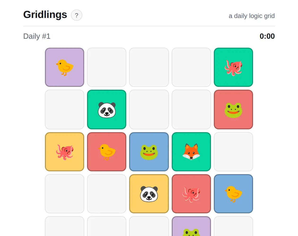 Gridlings Daily #1: a 5x5 grid of coloured tiles with animal faces such as a chick, panda, frog, fox and octopus, some cells still empty