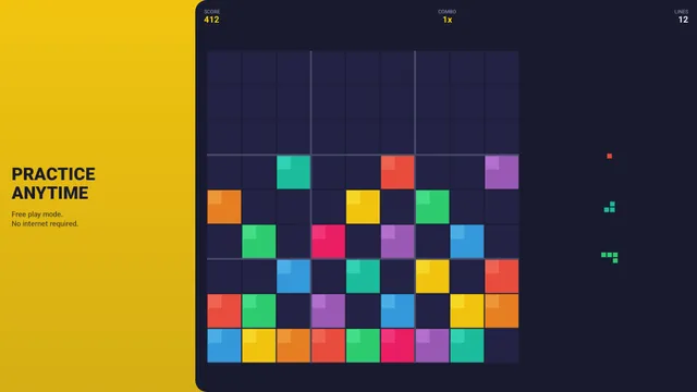 Gridlock 9x9 board with coloured blocks, score 412 and combo counter, captioned Practice anytime