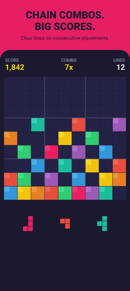 Gridlock on Android: a 9x9 board of coloured blocks with score 1,842, a 7x combo and three pieces to place