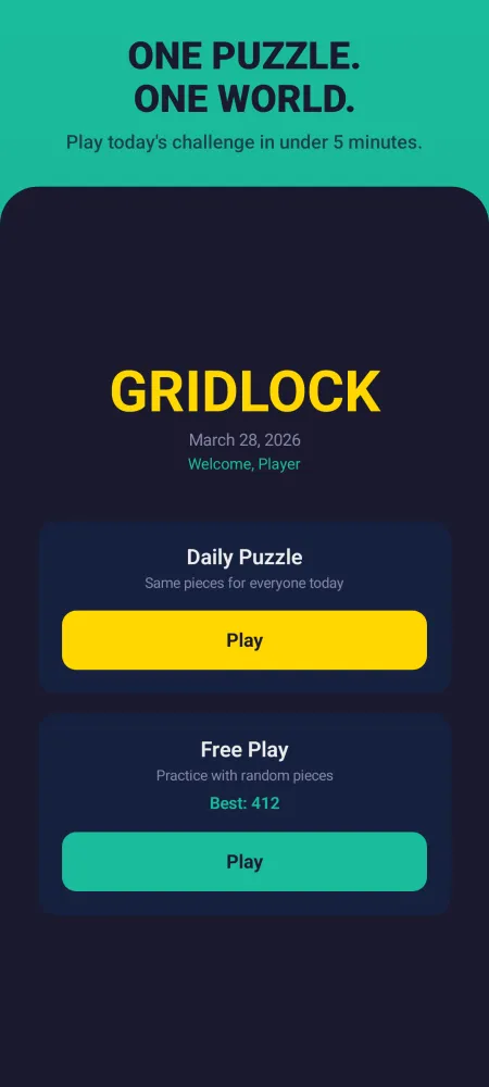 Gridlock's Android home screen with the Daily Puzzle, same pieces for everyone today, and Free Play