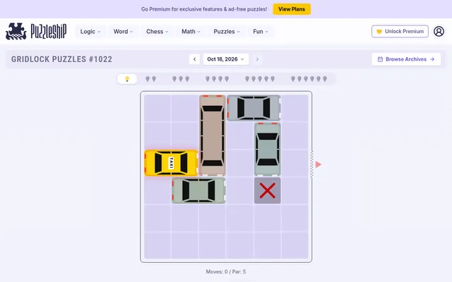 Gridlock Puzzles #1022 for 18 October 2026, the very easy jam: a yellow taxi on a 6x6 grid blocked by a limousine and three cars, with a fixed X cell and a par of 5