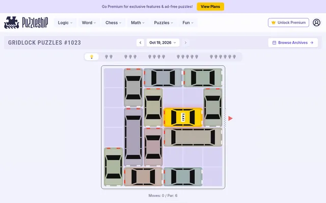 Gridlock Puzzles #1023 for 19 October 2026, the very easy jam: a yellow taxi on a 6x6 grid blocked by a car, a limousine and two cars below, par 6, with the six difficulty bulbs above