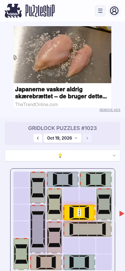 Gridlock Puzzles #1023 at phone size: a display ad above the date bar and the 6x6 jam with the yellow taxi beside the exit arrow