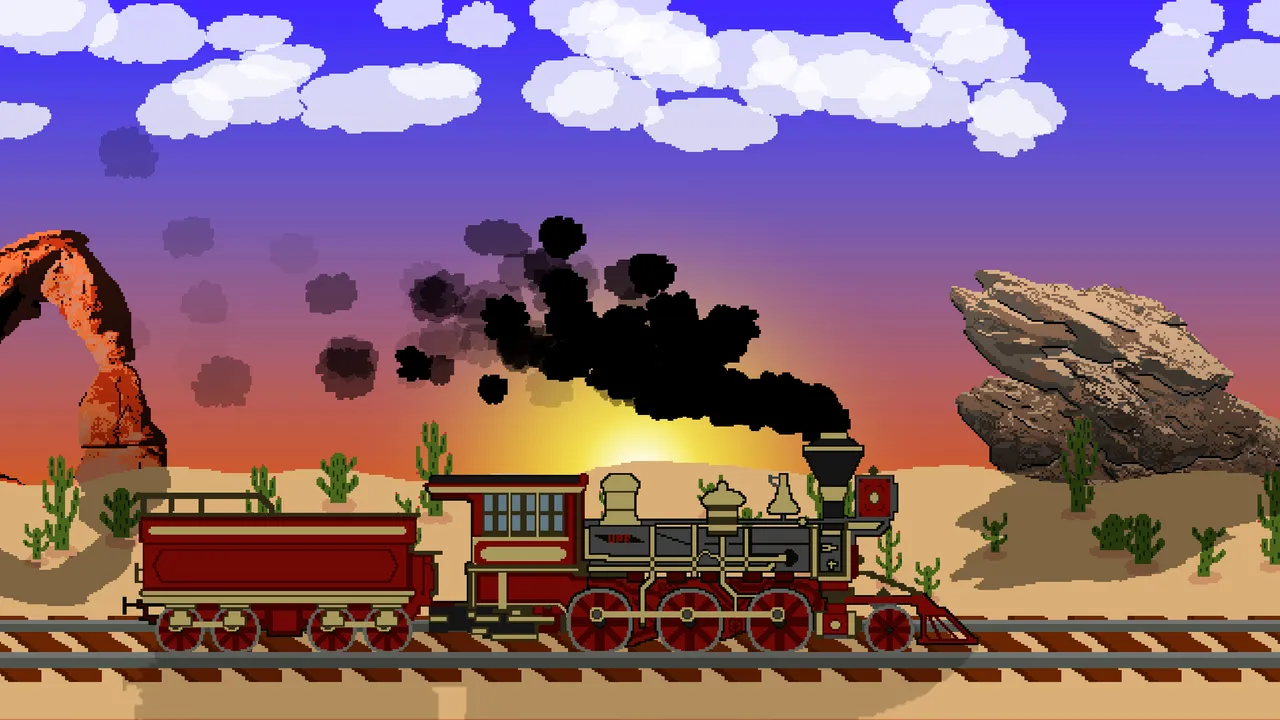 GridPoker's pixel-art desert scene with a red steam train, cacti and rock formations at sunset