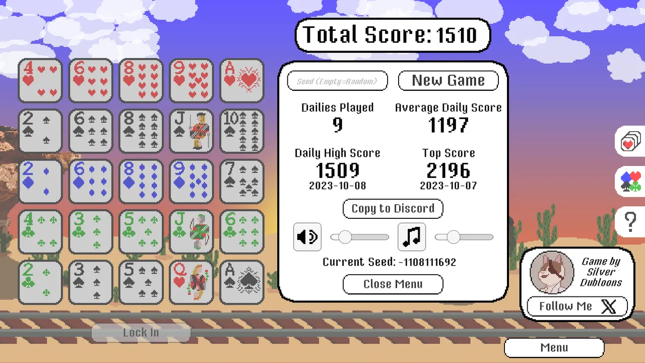 A finished GridPoker grid scoring 1510, with the menu showing dailies played, average and high daily scores, the seed box and the Copy to Discord button