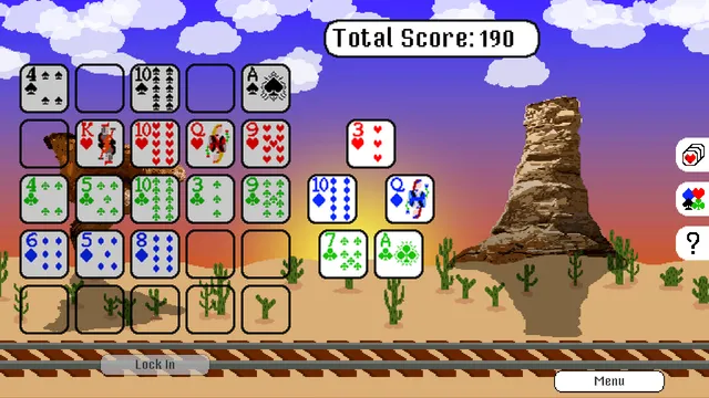 A GridPoker game in progress: a partly filled 5x5 grid of playing cards on a desert background, the next hand of five cards beside it and a total score of 190