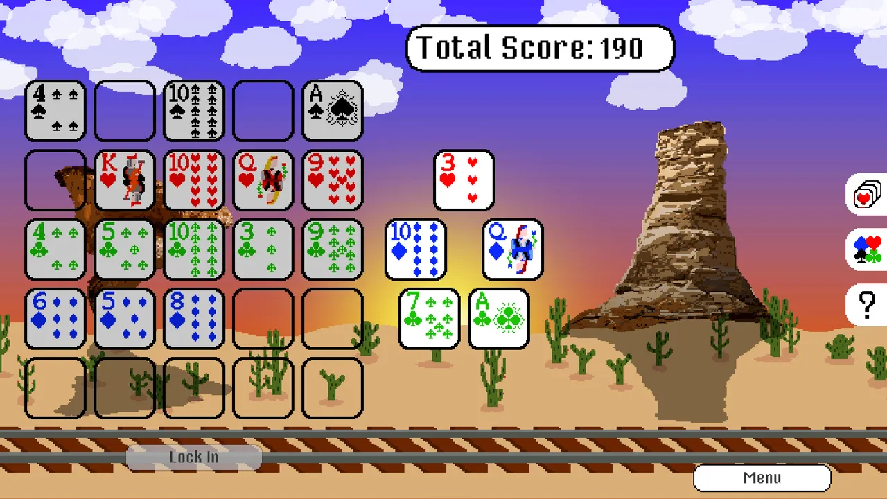 A GridPoker game in progress: a partly filled 5x5 grid of playing cards on a desert background, the next hand of five cards beside it and a total score of 190