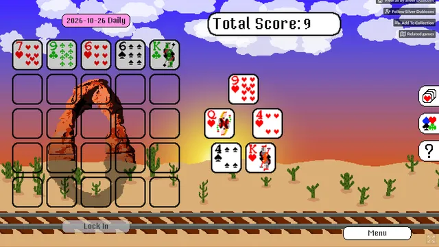 The GridPoker daily of 26 October 2026: the first five cards locked into the top row of the 5x5 grid, a total score of 9, and the next hand of five cards beside it