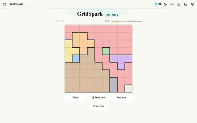 GridSpark #94 on Zalize for October 3: an empty 9x9 board split into coloured regions, with the rule one crown per row, column and colour, and Clear, Textures, Practice and Archive buttons