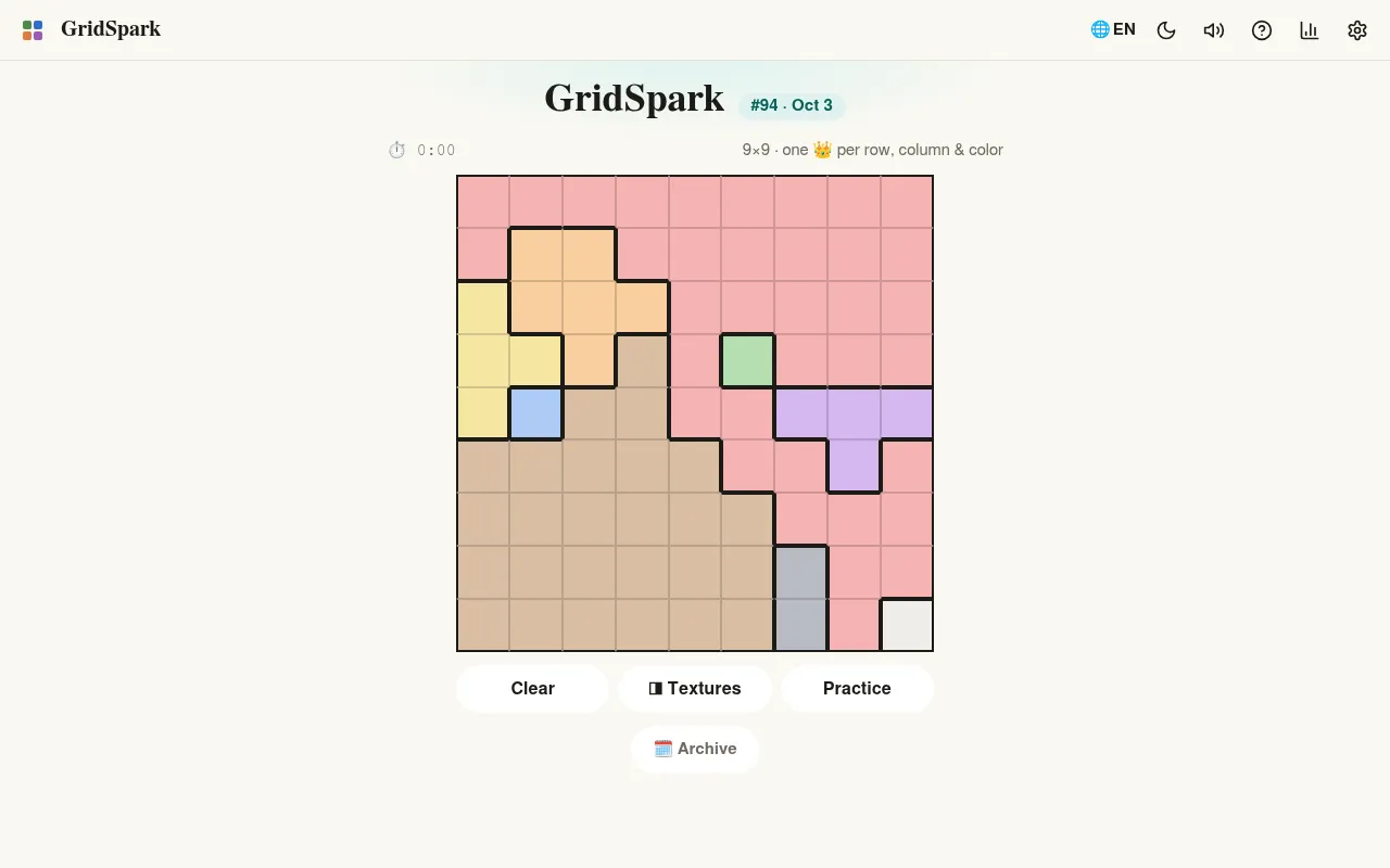GridSpark #94 on Zalize for October 3: an empty 9x9 board split into coloured regions, with the rule one crown per row, column and colour, and Clear, Textures, Practice and Archive buttons