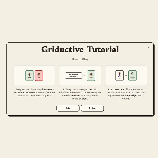 Griductive tutorial showing suspect cards, a clue 'No criminals in column C' and a flipped card revealing a new clue