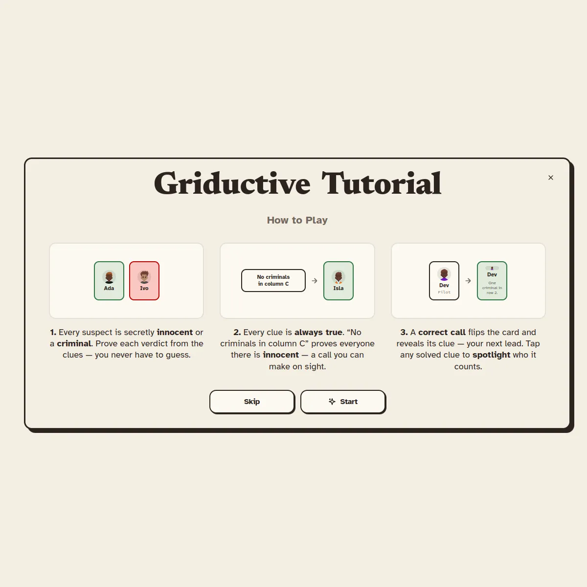 Griductive tutorial showing suspect cards, a clue 'No criminals in column C' and a flipped card revealing a new clue
