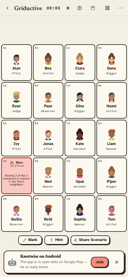 Griductive's daily grid at phone size: 20 suspect cards with names and jobs, Mara's clue card open, Mark, Hint and Share buttons below