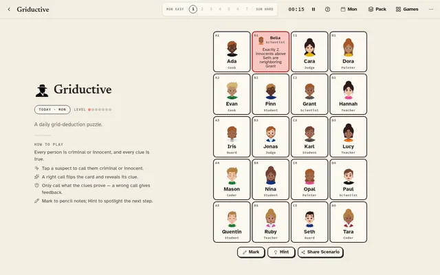 Griductive's daily board: a 4 by 5 grid of suspect cards with names and jobs, one card flipped to show Bella's clue, with the Monday easy to Sunday hard level bar above