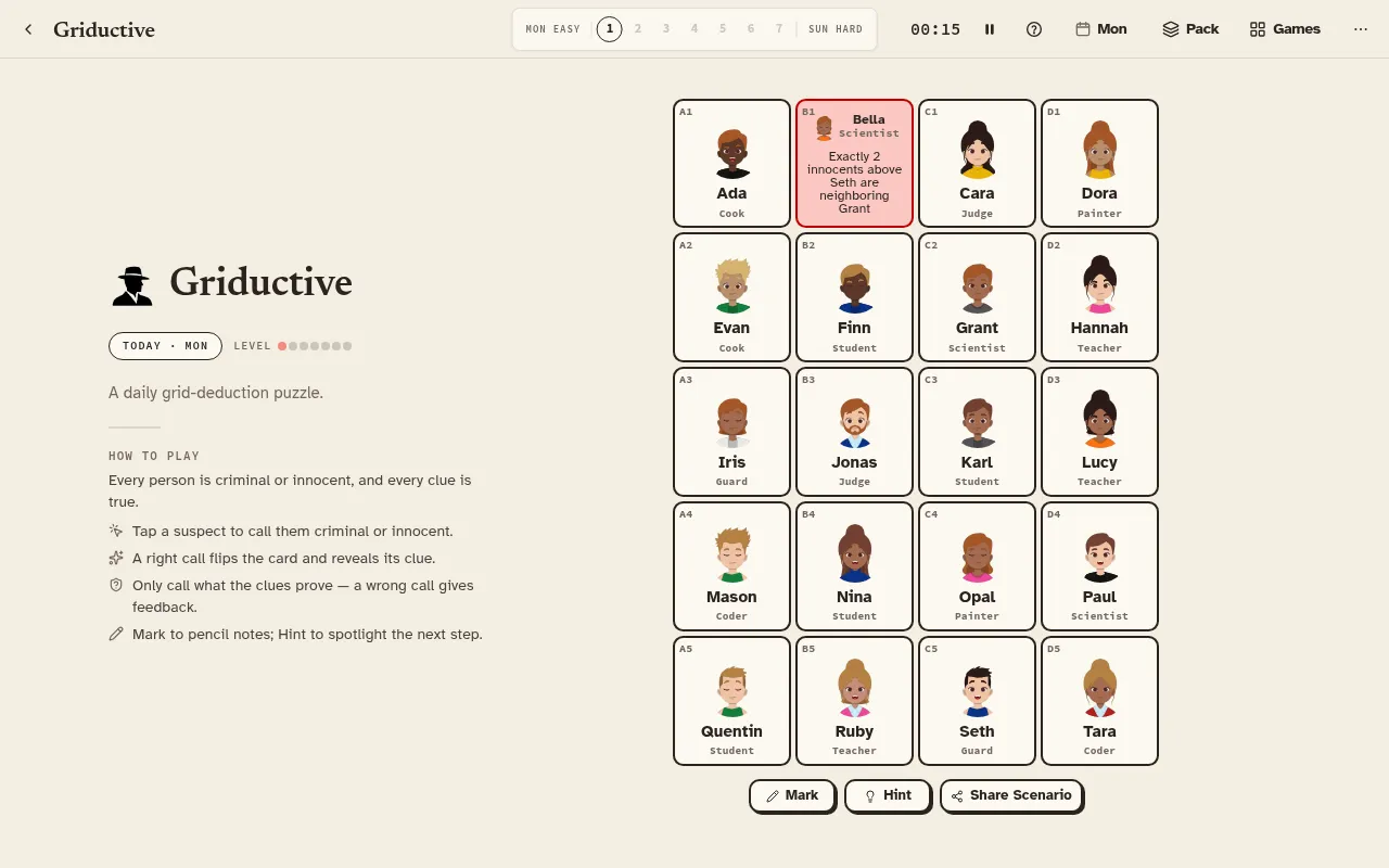Griductive's daily board: a 4 by 5 grid of suspect cards with names and jobs, one card flipped to show Bella's clue, with the Monday easy to Sunday hard level bar above