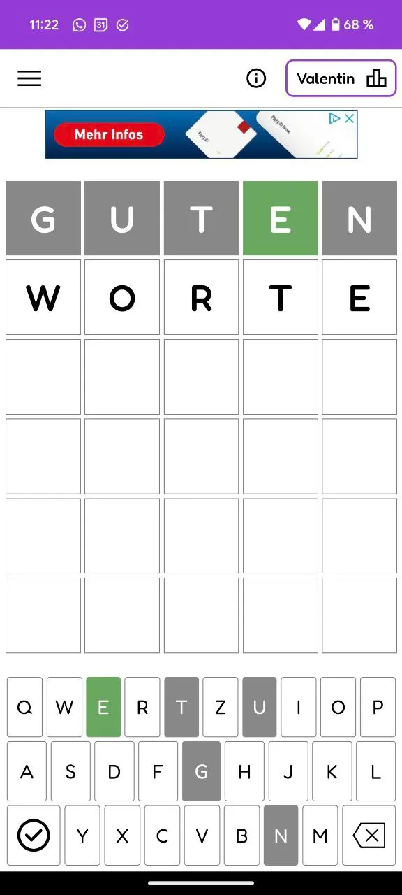 GridWords in the Gridgames app: a six-row grid with the guesses GUTEN and WORTE, one green E, and a German keyboard below