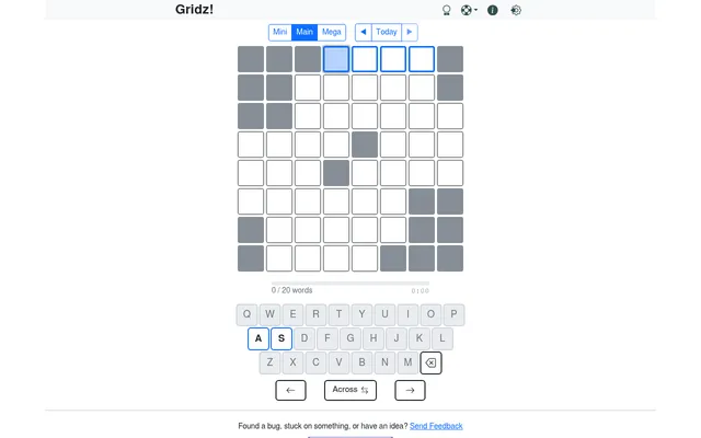 Today's Gridz Main: an empty eight by eight grid with grey black squares, a 0 of 20 words bar and a keyboard highlighting A and S for the first word
