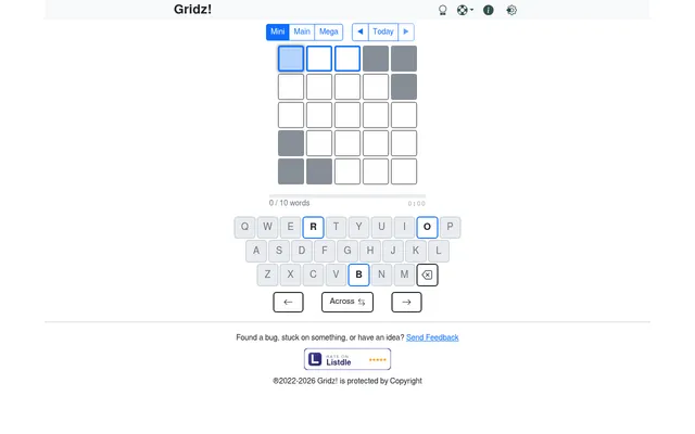 Today's Gridz Mini: an empty five by five grid with a few black squares, a 0 of 10 words bar and a keyboard highlighting R, O and B