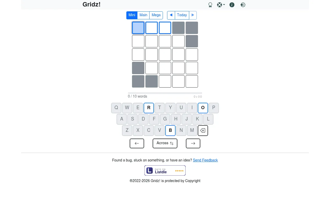 Today's Gridz Mini: an empty five by five grid with a few black squares, a 0 of 10 words bar and a keyboard highlighting R, O and B