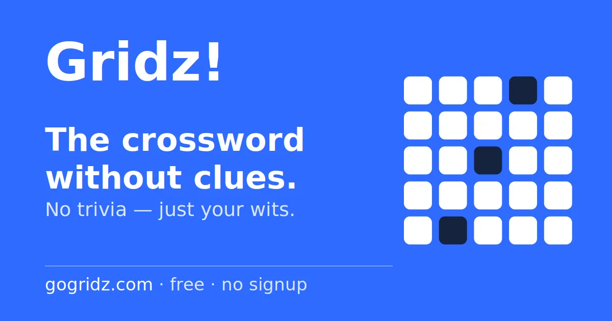 Gridz share card: Gridz, the crossword without clues, beside a five by five grid with three black squares