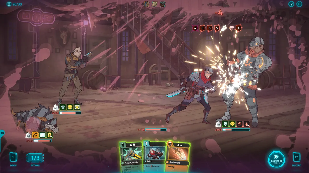 Griftlands: a fight in a bar, a swordswoman striking an armoured enemy while an ally aims a gun